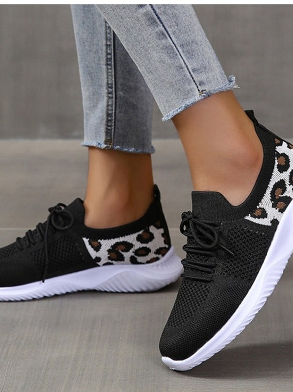 Women’s Black Knit Slip-On Sneakers with Leopard Accent
